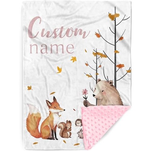 Personalized Infant Blanket – Soft Flannel with Double-Layer Dotted Backing – Fox and Animals Design – Ideal for Babies and Toddlers