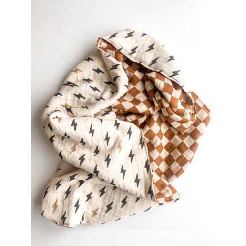 Lightning Bolts Checkerboard organic muslin baby blanket - bolt check reversible - copper brown neutral earth tones - boy baby shower gift