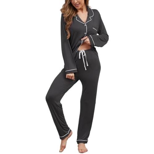Button Up Pajamas for Women Long Sleeve Sleepwear Soft Loungewear Ladies Pjs Set XS-XXL