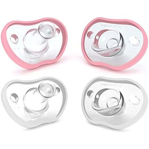 Nanobebe Baby Pacifiers 0-3 Month - Orthodontic, Curves Comfortably with Face Contour, Award Winning for Breastfeeding Babies, 100% Silicone - BPA Free. Baby Registry Gift 4pk,Pink/White