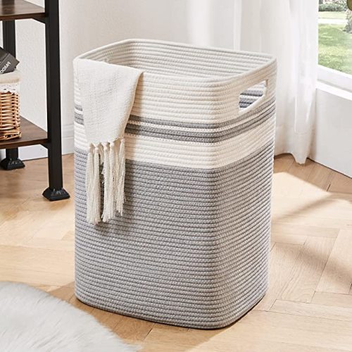 OIAHOMY Laundry Hamper, Tall Cotton Decorative Blanket Storage Basket with Handles for Living room,Collapsible Large Baskets for Toys,Pillows,Clothes Organizer-16x13x22in-Gray