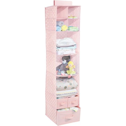 mDesign Fabric Hanging Organizer - Over Closet Rod Storage with 7 Shelves and 3 Removable Drawers for Baby Nursery Bedroom Organization - Holds Clothes, Toys, Accessories - Pink/White Polka Dot