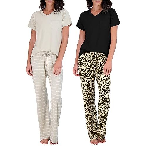 Real Essentials 2 Pack: Women's Pajama Set - Choose from Short Sleeve with Pocket or Long Sleeve without Pocket