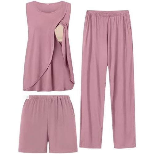 SWOMOG Women Maternity Pajama Set 3Pcs Nursing Pjs Sleeveless Pregnancy Set Breastfeeding Pjs Double Layer with Pockets