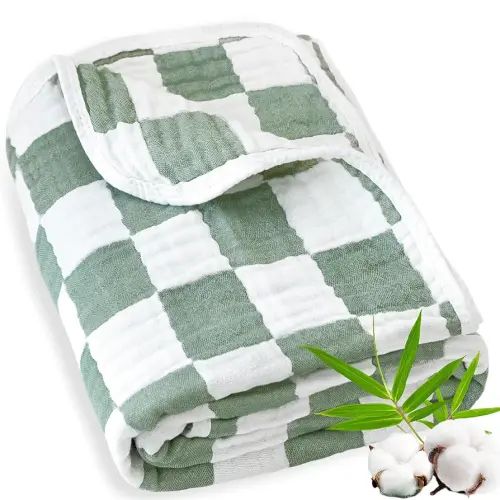 Muslin Baby Blanket Unisex Sage Green Checkerboard Toddler Blanket for Bed, 70% Cotton and 30% Rayon Breathable Swaddle Blankets for Newborn Infant 43 x 43 Inches