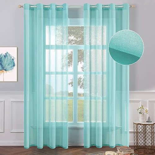 MIULEE 2 Turquoise Semi Sheer Window Curtains - Elegant Grommet Top Voile Panels/Drapes/Treatment - Aqua Blue Linen Textured for Bedroom Living Room (54X72 Inches)