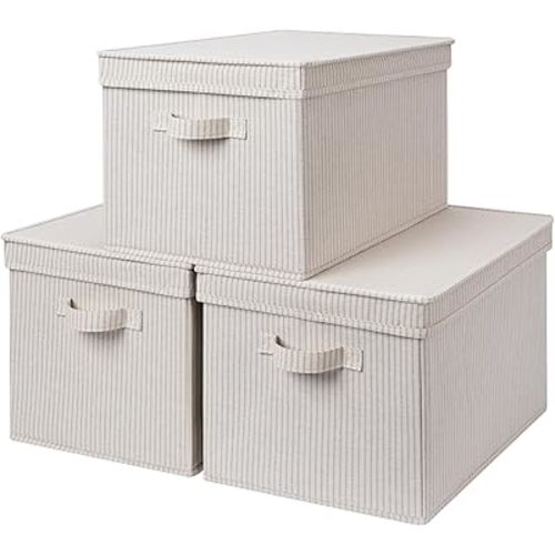 StorageWorks Storage Bins with Lids, Decorative Storage Boxes with Lid and Handles, Foldable Storage Baskets for Closet, Shelves, Stackable, Khaki Stripe, Jumbo, 3-Pack