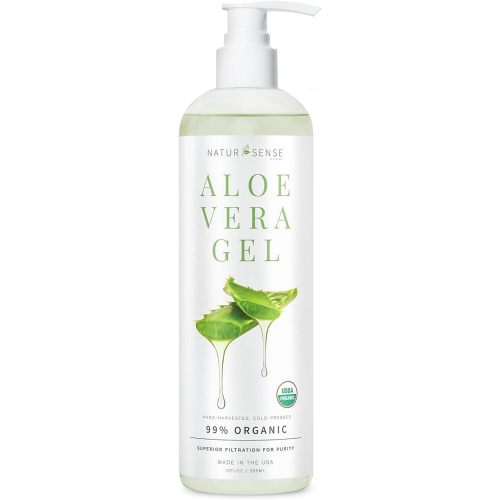 NaturSense Organic Aloe Vera Gel from 100% Pure Aloe–Great for Hair, Scalp, Face, Dry Skin, Acne, Sunburn, Sensitive Skin–Unscented, USDA Certified–12 oz.