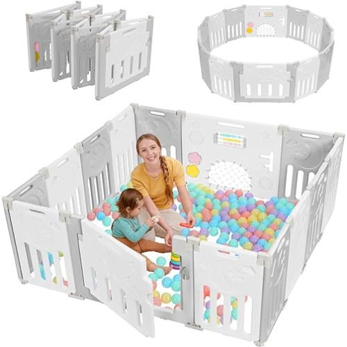 Dripex Baby Playpen, 14-Panel Foldable Playard for Toddlers 6-36 Months, Adjustable & Portable Indoor Outdoor Safety Play Area with Anti-Pinch Design, Game Panel and Safety Gate, Grey White