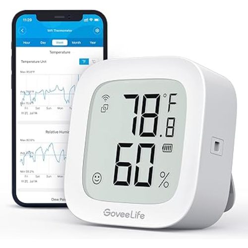 GoveeLife WiFi Thermometer Hygrometer H5103, Indoor Bluetooth Temperature Humidity Sensor with Electronic Ink Display, App Notification Alert, Free Data Storage Export, Digital Remote Monitor for Bedroom