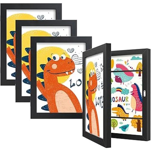 BAIJIALI Black Art Frames for Kids Artwork - Front Opening Holds 150 Drawings, 3D Crafts - 4 Packs 8.5x11 with mat or 9x12 without Mat