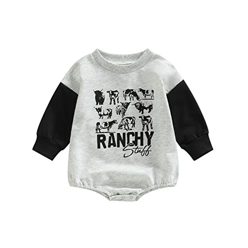 SAYOO Western Cowboy Outfits Baby Girl Boy Sweatshirt Romper Cow Print Oversized Sweater Bodysuit Infant Fall Clothes 0-24M