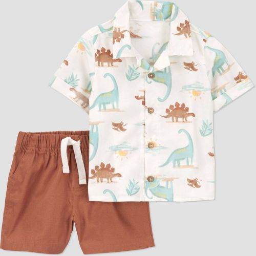 Carter's Just One You® Baby Boys' Top & Shorts Set - Brown/White Newborn: Dinosaur Pattern, Cotton Poplin, Button Down Shirt