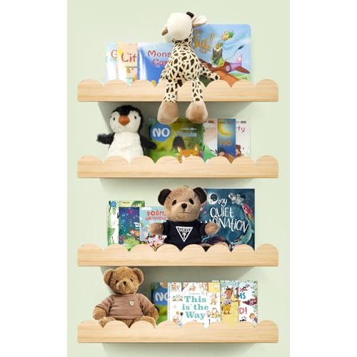 icnjdMopclean Scalloped Shelves for Nursery - Wall Book Shelves for Bedroom Kids, Nursery Bookshelf for Wall Set of 4, Floating Book Shelves Solid Wood,16 Inch, Natural