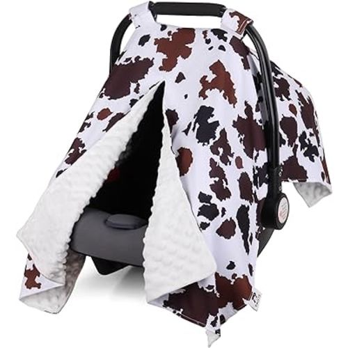 Rquite Cow Print Car Seat Cover Baby, Carseat Covers Baby Boy Girl, Breathable Infant Car Seat Cover, Peekaboo Opening Car Seat Canopy, Soft Minky Baby Carrier Cover, Nursing Breastfeeding Cover