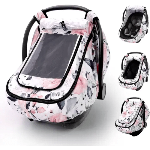 Car Seat Cover Baby Girls, Infant Car Seat Canopy Outdoor, 2 Layers with Mesh and Sun Shade Window for Summer Winter, Easy Access Carseat Covers Snug Fit Baby Stroller - Pink Floral