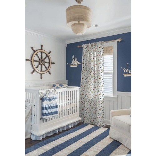Nautical Print, Children's Sea Pattern on White Curtain For children's, nursery room for a farmhouse, vintage, boho, marine style