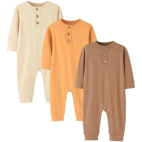 Bafeicao 3 Pack Unisex Newborn Baby Boy Girl Rompers Organic Cotton Long Sleeve Button Jumpsuit One-Piece Clothes Outfits