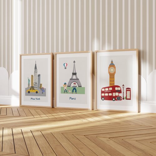 City Wall Art Print – Kids Room Art – Set of 3 Prints – London Paris New York – Nursery Travel Prints – New York Kids Gift