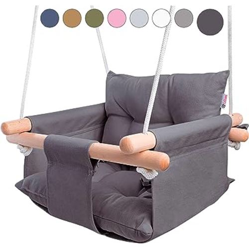 CaTeam - Canvas Baby Swing, Wooden Hanging Swing Seat Chair with Safety Belt, Durable Baby Swing Chair, Outdoor and Indoor Swing for Kids, Mounting Hardware Included, Dark Gray