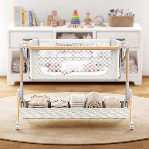 ANGELBLISS Baby Bassinet Bedside Sleeper, 3-in-1 Foldable Bassinet for Newborns, One-Click Portable Baby Crib with Mesh Sides, Adjustable Height, Mattress and Carry Bag
