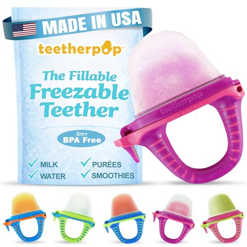 Teetherpop Fillable Freezable Teethers for Babies - Breastmilk Teether with Spill-Proof Sippy Slits – Teething Popsicle for Baby, Liquids & Purées, Cooling Teething Relief Feeder Pacifier - Fuchsia