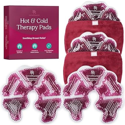 Nurse & Nourish [6 Piece] XL 8 Hot Cold Nursing Pads- 4 Breast Gel Pads & 2 Fleece Sleeves - Mastitis Relief Breast Therapy Pack - Breast Engorgement, Clogged Milk Duct Relief -Breastmilk Letdown Aid