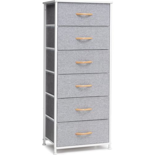 Crestlive Products Tall Dresser Storage Tower - Sturdy Steel Frame, Wood Top, Easy Pull Fabric Bins, Handles - Vertical Organizer Unit for Bedroom, Hallway, Entryway, Closets - 6 Drawers (Light Gray)