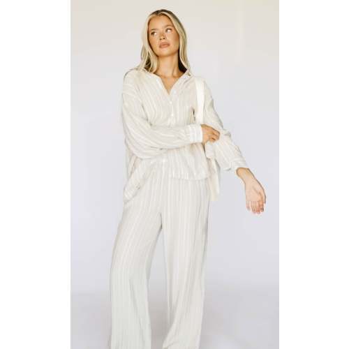 Sloane Striped Button-Down Shirt and Pants Set in Natural - Nursing Friendly