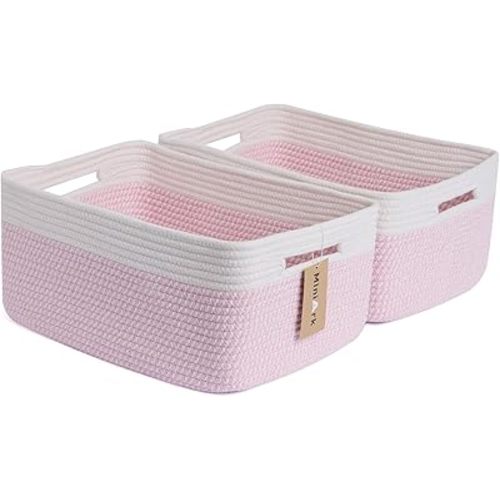Large Storage Baskets for Shelves, Closet Organizers Bins for Clothes Blanket Towels, Baby Nursery, Toy Baskets Box, Woven Rope Baskets, 17 x 13 x 7.5”, 2 Packs Woven Pink