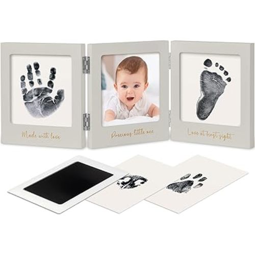 Inkless Baby Handprint and Footprint Kit for Newborn - Baby Footprint Kit, Newborn Keepsake Nursery Picture Frame, Dog Paw Print Maker, Personalized Gifts for New Mom, Showers & Registry (Cloud Gray/Gold)