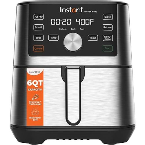 Instant Pot 6QT VORTEX Plus Air Fryer, 6-in-1, Air Fry, Broil, Dehydrate, Crisp, Roast, Reheat, Bake, Dishwasher-Safe Airfryer basket, from the Makers of Instant Pot, Stainless Steel