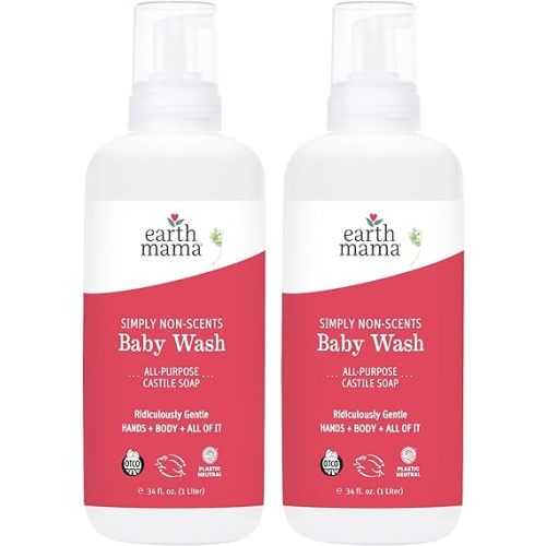 Earth Mama Simply Non-Scents Baby Wash Foaming Hand Soap, Organic All-Purpose Fragrance Free Body Wash for Sensitive Skin, Castile Soap with Coconut Oil, Shea Butter, Calendula, & Aloe, 34floz (2-Pk)