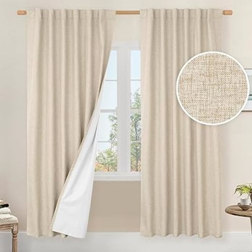 LAMIT 100% Blackout Natural Linen Curtains, 72 Inches Linen Textured Thermal Bedroom Curtains Back Tab and Rod Pocket Neutral Panels with White Liner for Farmhouse, 2 Panels, 52 x 72 Inch, Linen