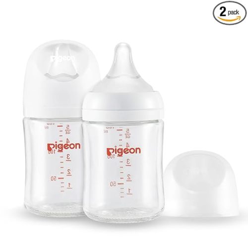 Pigeon Glass Nursing Bottle Wide Neck, Anti-Colic, Streamlined Body, Natural Feel, Easy to Clean, Heat-Resistant, 5.4 Oz(Pack of 2), Includes 2pcs SS Nipples (0m+)