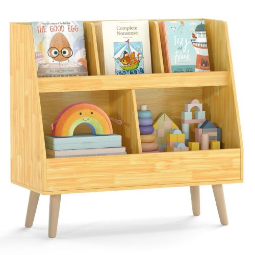Costway 5-Cube Kids Bookshelf and Toy Organizer Wooden Storage Bookcase with Wood Legs Beige