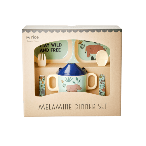 Melamine Baby Dinner Set in Gift Box - Blue Jungle Animals Print - 4 p – Rice By Rice