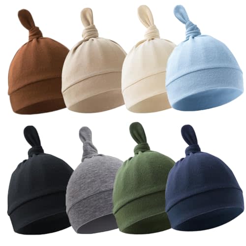 BEoffer 8 Pack Baby Newborn Hats Set Top-Knot Beanie Soft Stretchable Hats Adjustable Caps for Infant Girls Boys 0-6 Months