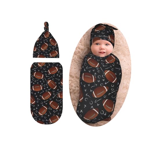 Football Baby Stuff Swaddle Blanket with Beanie Set, Soft Football Baby Blankets Newborn Sleeping Sacks for Girls Boys