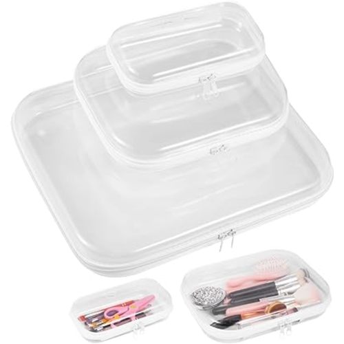 Homaisson Clear Hard Shell Zipper Case 3 Pcs - Transparent Hard Pouches 3 Sizes, Double Zippered Hard Shell Bags, Portable Zipper Organizer Bins, Waterproof Cosmetic Makeup Bags for Snacks, Toys