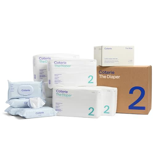 Coterie Baby Diapers + Wipes Baby Kit, Size 2 (10-16 lbs) 186 Count + 4 Wipe Packs (224 Wipes) Made with Plant-Based Fibers, Hypoallergenic, Designed for Sensitive Skin, Clean Ingredients