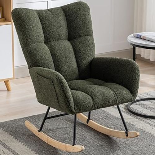 Rocking Chair Nursery, Teddy Upholstered Glider Rocker with High Backrest, Reading Chair Modern Rocking Accent Chairs Glider Recliner for Living Room, Nursery, Bedroom,Green