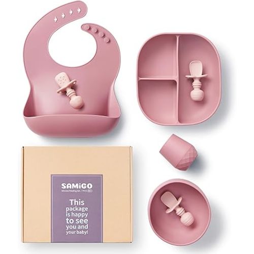 SAMiGO Silicone Baby Feeding Set, Suction Plate Bowl Set, Self Feeding Spoons, Bib, Cup, Baby Led Weaning Supplies, First Stage Feeding Essentials, Food Eating Utensils, 6+ Months
