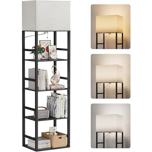 15.7" W Floor Lamp with Shelves, Standing Shelf Lamps for Living Room, 4 Tier Corner Display Book Shelf with Light for Bedroom and Home Decor, Black