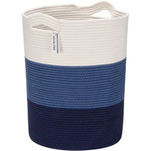 Sea Team Large Size Cotton Rope Woven Storage Basket Laundry Hamper with Handles, 14 x 20 inches, White & Navy