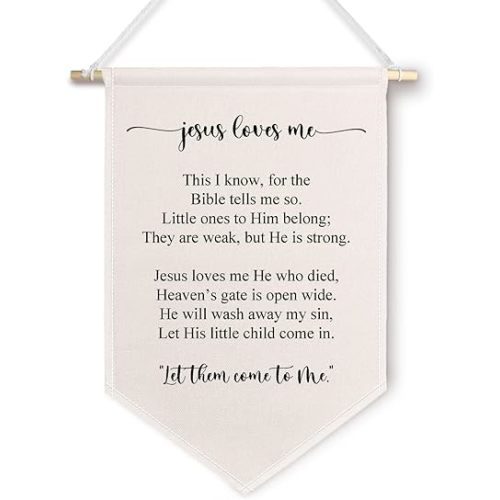 ChissNook Christian Nursery Canvas Banner, Jesus Loves Me Inspirational Hanging Pennant Banner Flags Wall Display, Bible Verse Wall Decor for Kids Boys Girls Nursery Room Bedroom Playroom