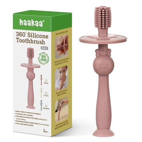 haakaa 360° Baby Toothbrush with Suction Base - Gentle Cleaning for Infant Self-Brushing Training, Food-Grade Silicone, Adjustable Safety Shield - Blush (1 Piece)