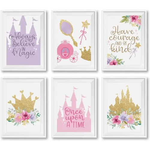 Hadley Designs 6 Princess Room Decor for Girls Bedroom – Princess Wall Decor Posters for Kids, Reversible Unframed Wall Art Pictures for Toddlers & Girls Bedroom Decors, Made in USA