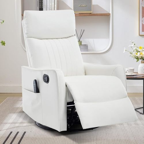 Swivel Rocker Recliner Chair, 360° Swivel Recliner with Heat and Massage, Rocker Recliner Upholstered Fabric Nursery Glider Recliner Chair with Side Pockets for Living Room PU White