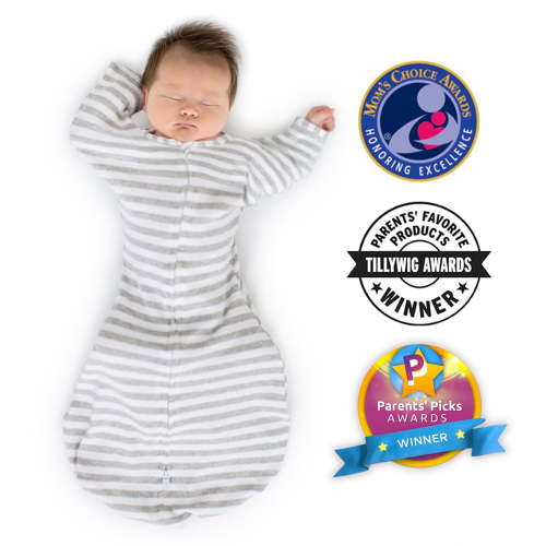 SwaddleDesigns Transitional Swaddle Sack with Arms Up Half-Length Sleeves and Mitten Cuffs, Better Sleep for Baby Boy & Baby Girl, Heathered Gray Stripes, Small, 0-3 Mo, 6-14 lbs